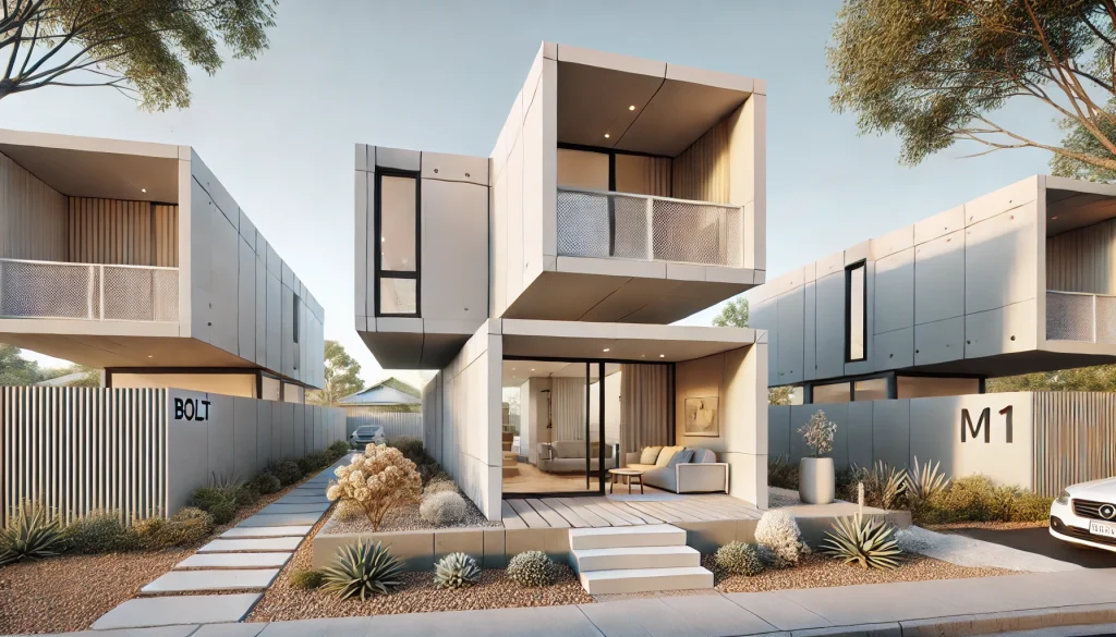 DALL·E-2024-11-15-09.19.29-A-modern-architectural-image-of-a-BOLT-M1-modular-dwelling-composed-of-three-pods.-Two-pods-are-positioned-side-by-side-at-ground-level-and-a-third-p.webp